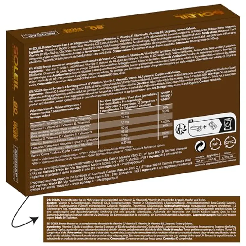 Acceleratore Abbronzatura Forte, SOLEIL. Integratore abbronzatura, 80 compresse con Betacarotene, Rame, Selenio, Licopene, Vitamine C, D, E, B. Autoabbronzante corpo - Prepara, Accelera e mantiene miniatura 2