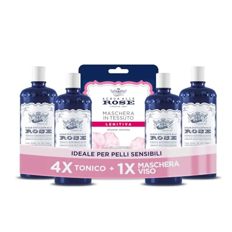 Acqua alle Rose, Tonico Viso con Acqua Distillata Alle Rose, Formula Rinfrescante con Proprietà Idratanti, Tonificanti e Lenitive, Rende la Pelle Giovane ed Elastica, 4 Flaconi da 300 ml