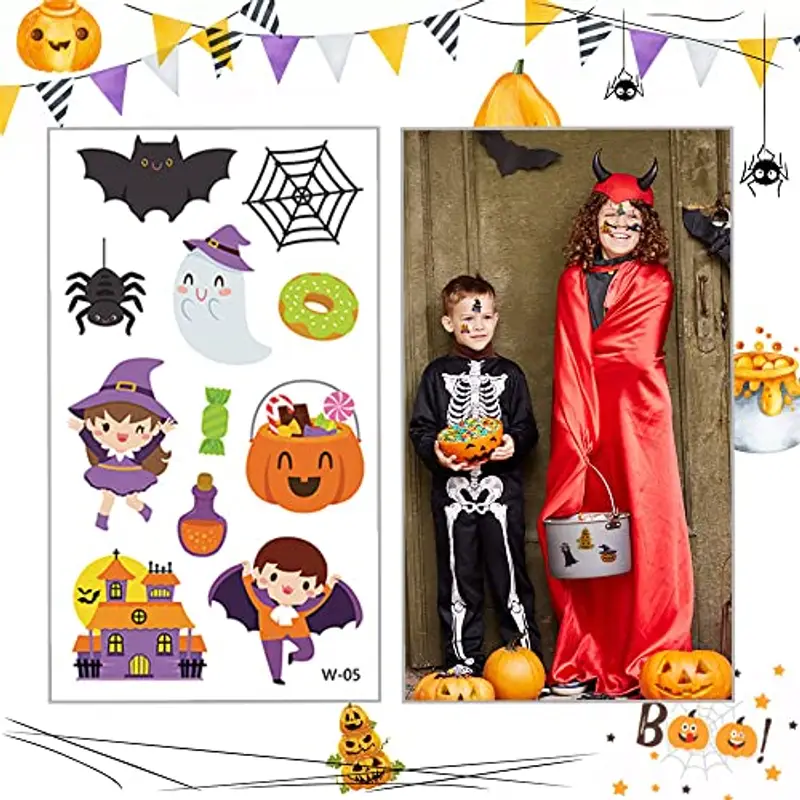 ACWOO Tatuaggi Temporanei per Bambini, 10 Fogli Adesivi Tatuaggi di Halloween, Halloween Impermeabile Temporaneo Tattoos per Bambini Compleanno Regalo Festa di Halloween Cosplay Decorazion miniatura 2