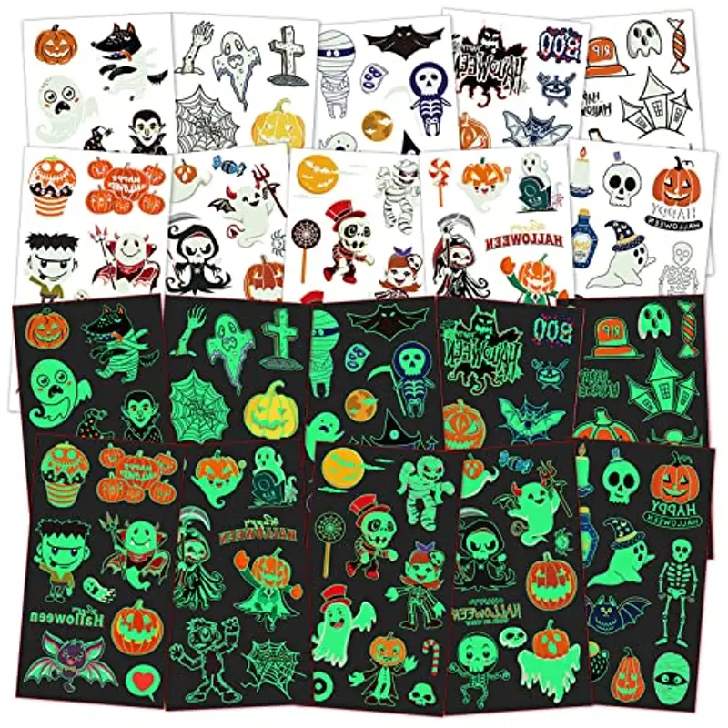 ACWOO Tatuaggi Temporanei per Bambini, 10 Fogli Luminosi Halloween Tatuaggi Set, Halloween Impermeabile Temporaneo