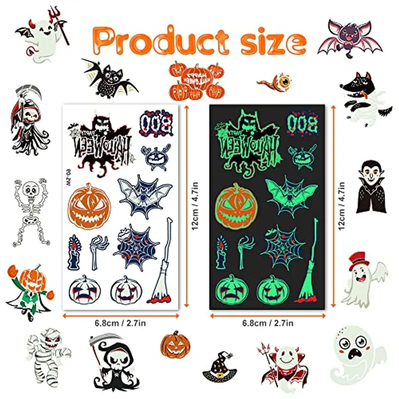 ACWOO Tatuaggi Temporanei per Bambini, 10 Fogli Luminosi Halloween Tatuaggi Set, Halloween Impermeabile Temporaneo miniatura 2