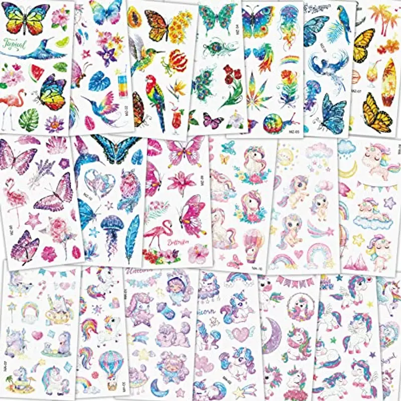 ACWOO Tatuaggi Temporanei per Bambini, 20 Fogli Tatuaggi Temporanei Unicorno Farfalla per Ragazze, Impermeabile Adesivi Tatuaggio Set per Bambini Adulti Festa Compleann Decorazione Regalini