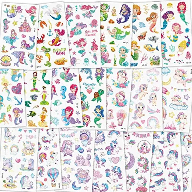 ACWOO Tatuaggi Temporanei per Bambini, 20 Fogli Tatuaggi Temporanei Unicorno Sirena per Ragazze, Impermeabile Adesivi Tatuaggio Set per Bambini Adulti Festa Compleann Decorazione Regalini