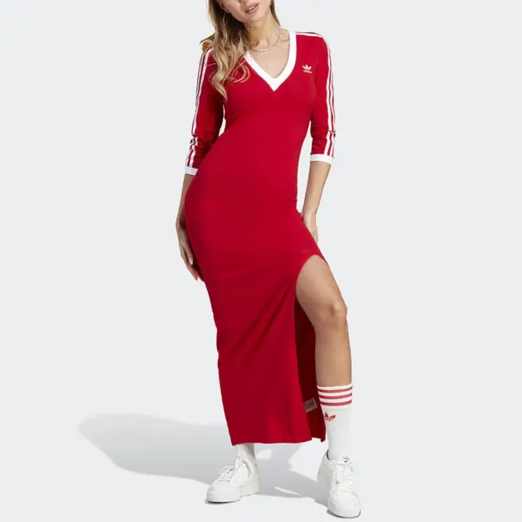 Abito Maxi Adidas Originals Adicolor Classics a 3 Strisce con Scollo a V e Maniche a Mezza Lunghezza da Donna Rosso II0750 S miniatura 3