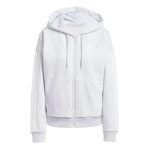 adidas Donna Essentials 3-Stripes Full-Zip Fleece Hoodie, Light Grey Heather/White, XS