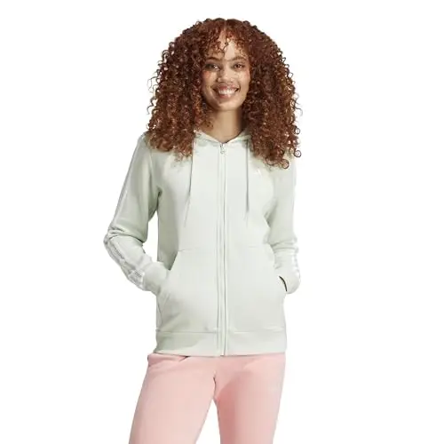 adidas Donna Essentials 3-Stripes Full-Zip Fleece Hoodie, Linen Green, M