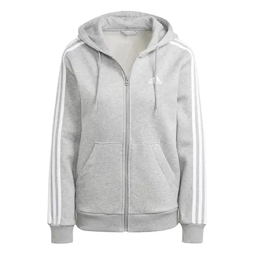 adidas Donna Essentials 3-Stripes Full-Zip Fleece Hoodie, Medium Grey Heather/White, M