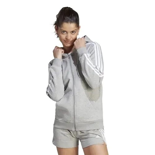 adidas Donna Essentials 3-Stripes Full-Zip Fleece Hoodie, Medium Grey Heather/White, M miniatura 2