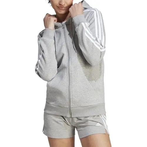 adidas Donna Essentials 3-Stripes Full-Zip Fleece Hoodie, Medium Grey Heather/White, M miniatura 3
