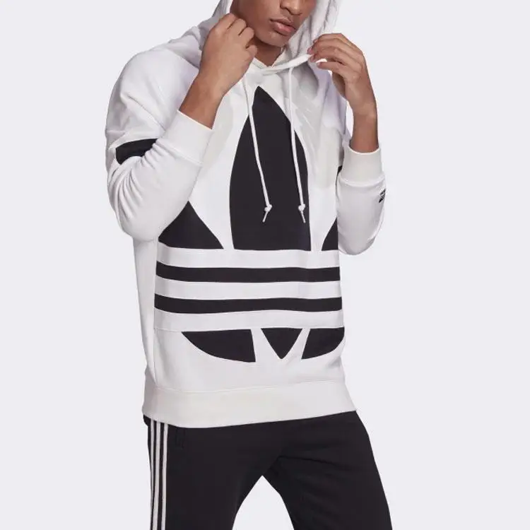 Felpa con cappuccio Adidas Originals Trefoil con logo grande, coulisse, tinta unita, spalle basse da uomo, bianca FM9909 L miniatura 2