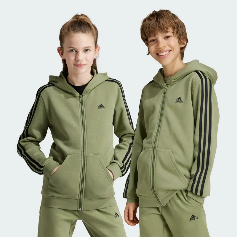 Felpa con cappuccio Essentials 3-Stripes Fleece Full-Zip | Adidas Verde