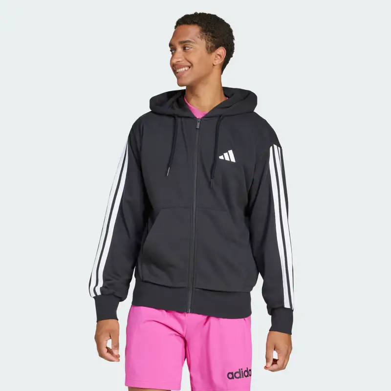 Felpa con cappuccio Essentials 3-Stripes French Terry Full-Zip Black