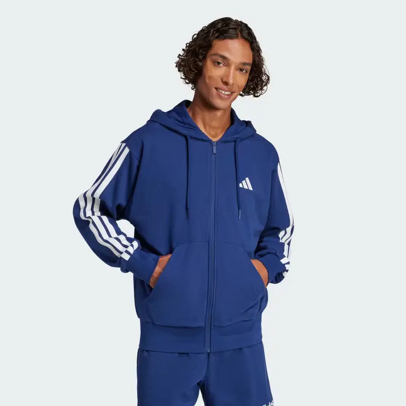 Felpa con cappuccio Essentials 3-Stripes French Terry Full-Zip Dark Blue