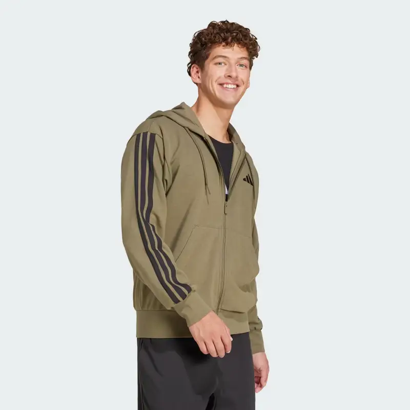 Felpa con cappuccio Essentials 3-Stripes French Terry Full-Zip Olive Strata miniatura 3