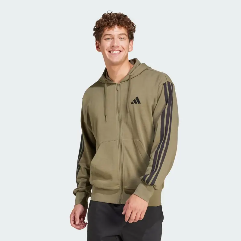 Felpa con cappuccio Essentials 3-Stripes French Terry Full-Zip Olive Strata