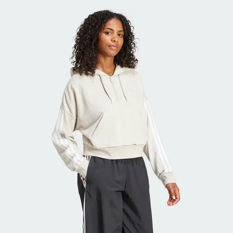 Felpa con cappuccio Essentials 3-Stripes French Terry Quarter-Zip Beige miniatura 3