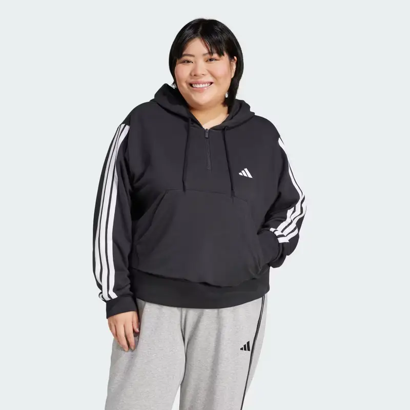 Felpa con cappuccio Essentials 3-Stripes French Terry Quarter-Zip (Curvy) Black