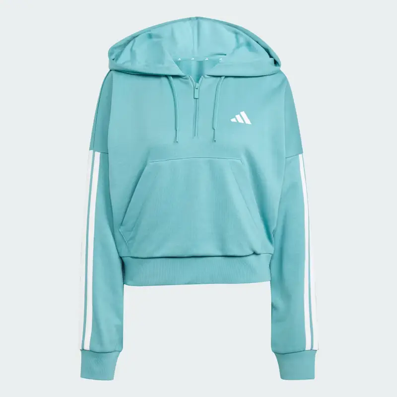 Felpa con cappuccio Essentials 3-Stripes French Terry Quarter-Zip Powder Teal miniatura 4