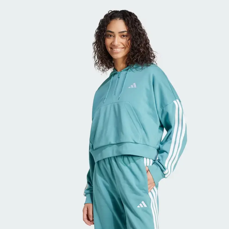 Felpa con cappuccio Essentials 3-Stripes French Terry Quarter-Zip Powder Teal