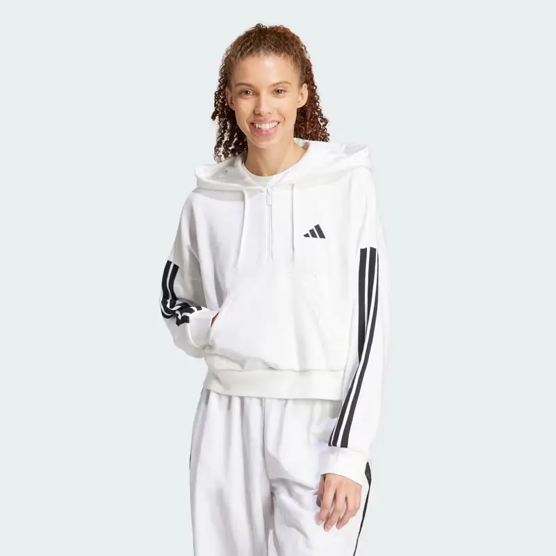 Felpa con cappuccio Essentials 3-Stripes French Terry Quarter-Zip White