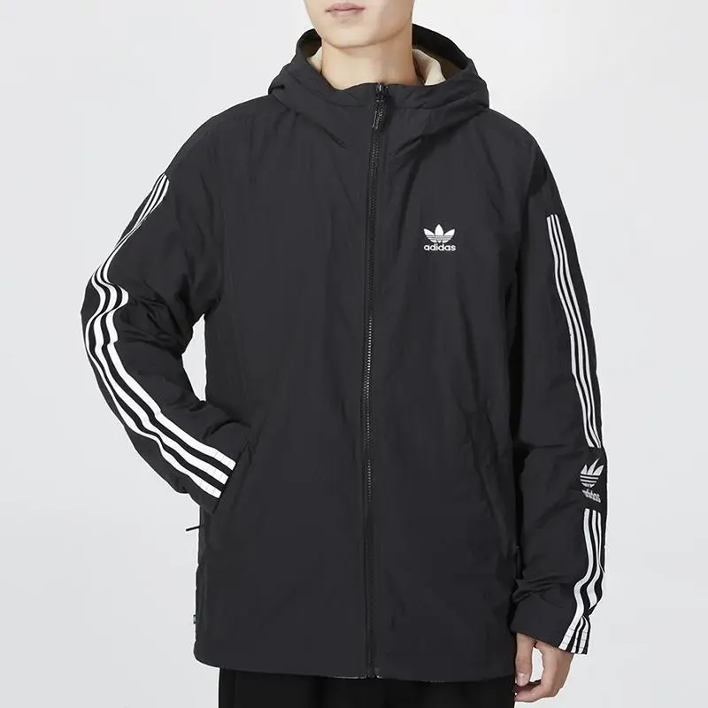 Giacca da Tuta Adidas Originals Lock-Up Reversibile a Righe con Logo Giacca a Vento con Cappuccio Maniche Lunghe Uomo Capispalla Nero HL9186 L miniatura 2