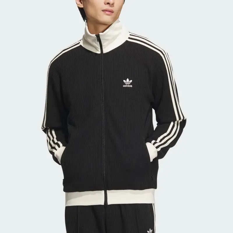 Giacca Unisex Adidas Originals a Righe Waffle Casual Manica Lunga Sportiva Retro Colletto Alto Nera JW0110 2XL miniatura 2