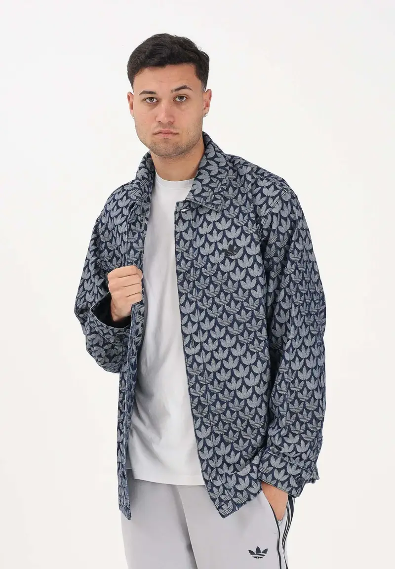 Camicia a manica lunga in denim blu da uomo con motivo monogramma miniatura 2