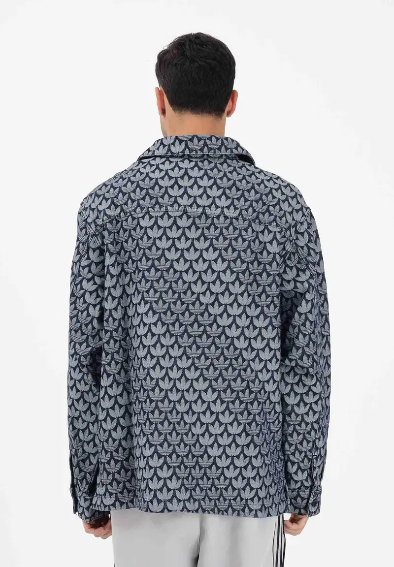 Camicia a manica lunga in denim blu da uomo con motivo monogramma miniatura 3