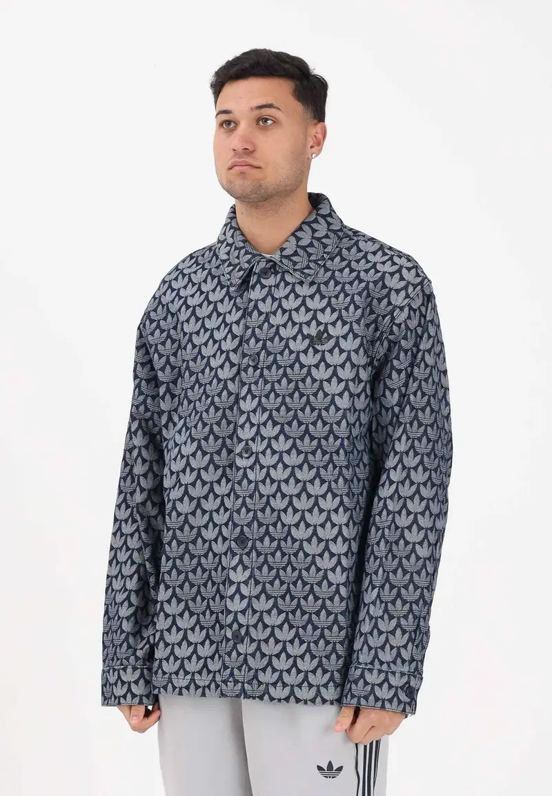 Camicia a manica lunga in denim blu da uomo con motivo monogramma