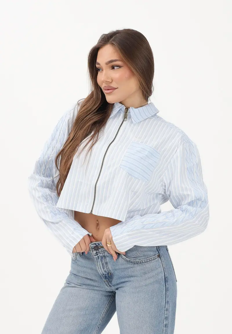Camicia a manica lunga Popeline bianca e azzurra da donna miniatura 2