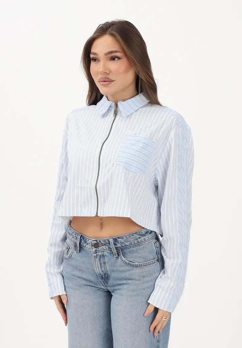 Camicia a manica lunga Popeline bianca e azzurra da donna