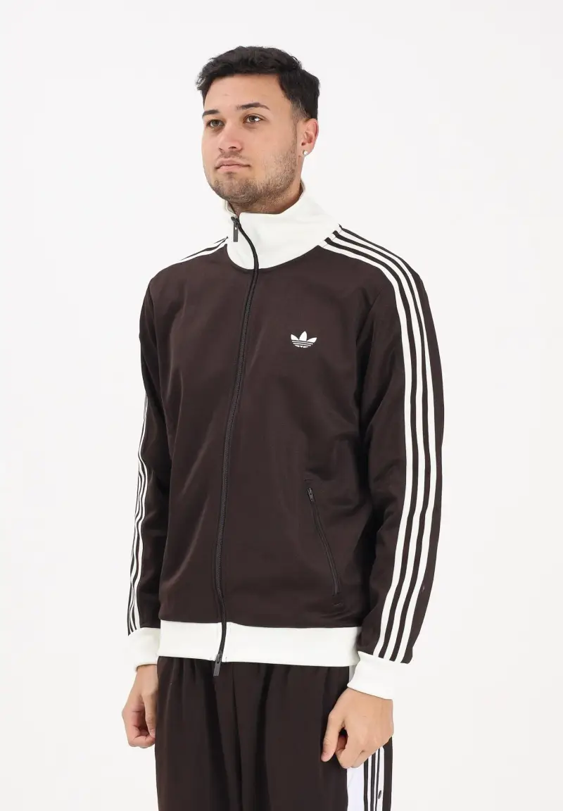 Felpa con zip Iconico marrone e panna da uomo