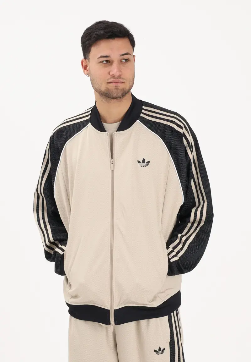 Felpa con zip Loose Mesh beige e nera da uomo miniatura 2