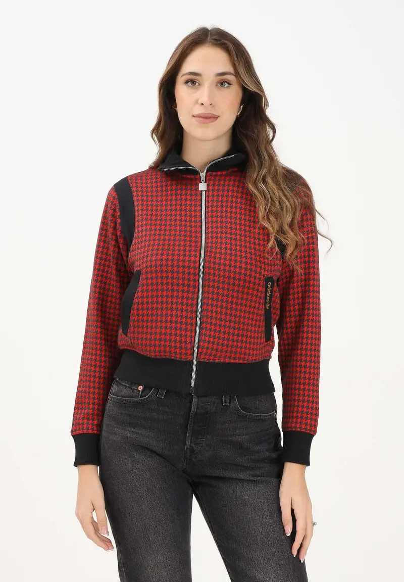 Felpa con zip pied-de-poule rossa e nera da donna miniatura 2