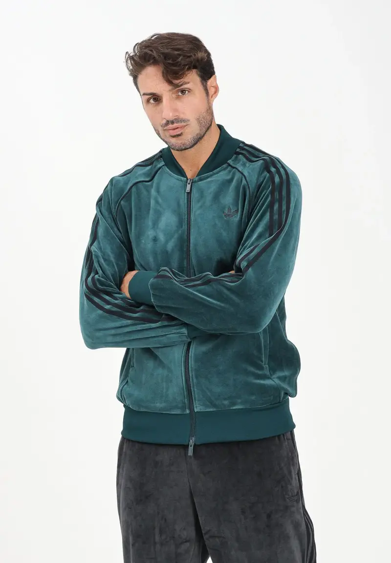 Felpa con zip SST Adicolor in velour verde da uomo miniatura 2