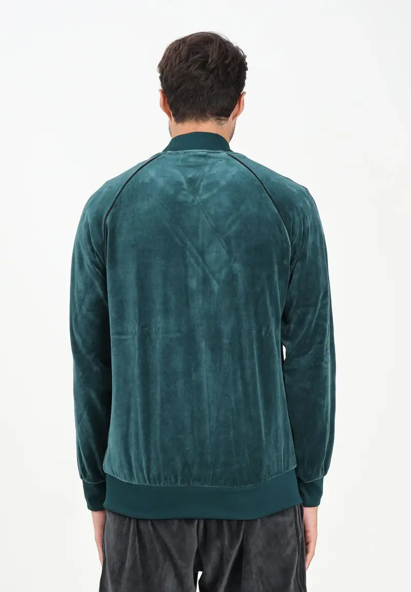 Felpa con zip SST Adicolor in velour verde da uomo miniatura 3