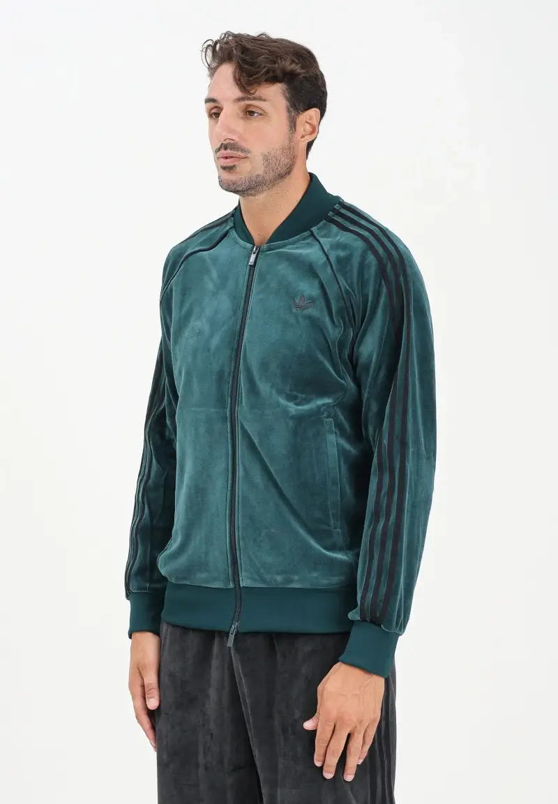 Felpa con zip SST Adicolor in velour verde da uomo