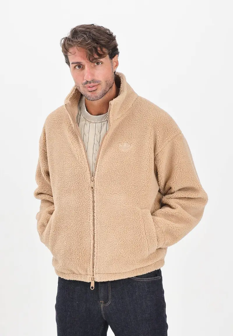 Felpa con zip Teddy Trefoil Essentials beige da uomo miniatura 2