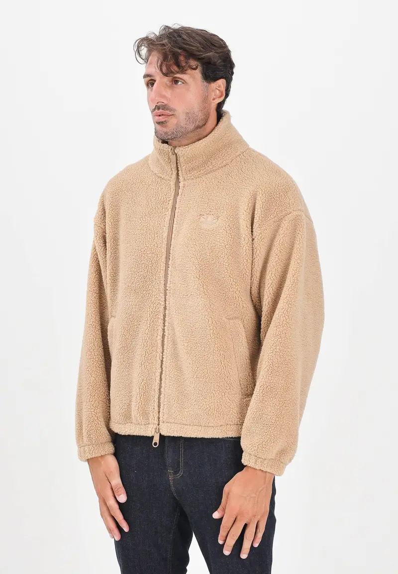 Felpa con zip Teddy Trefoil Essentials beige da uomo
