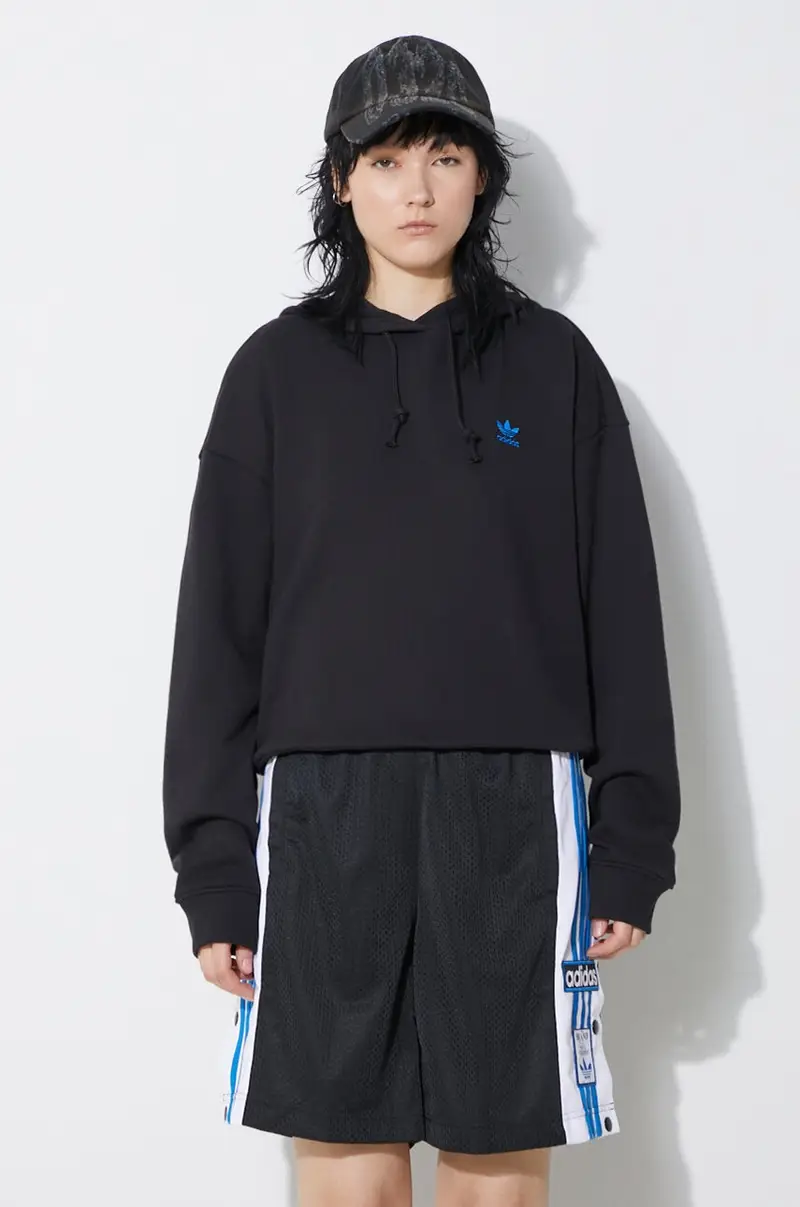 felpa in cotone donna colore nero con cappuccio con applicazione IU2458