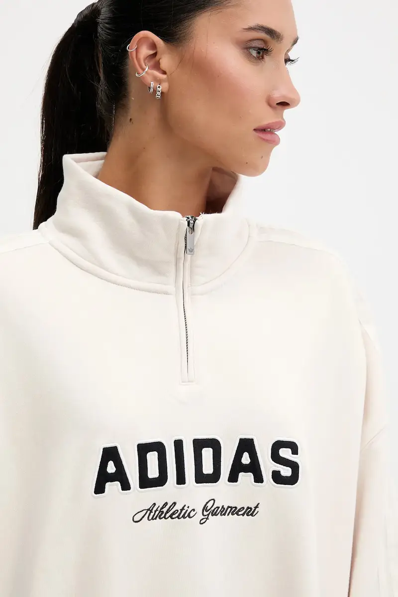 felpa in cotone Quarter Zip donna colore beige con cappuccio con applicazione KF2310 miniatura 3