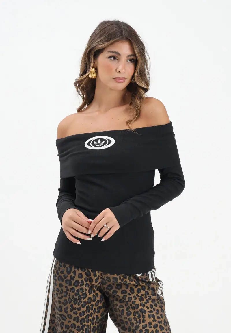 Maglia Adidas Originals Off Shoulder nera da donna miniatura 2