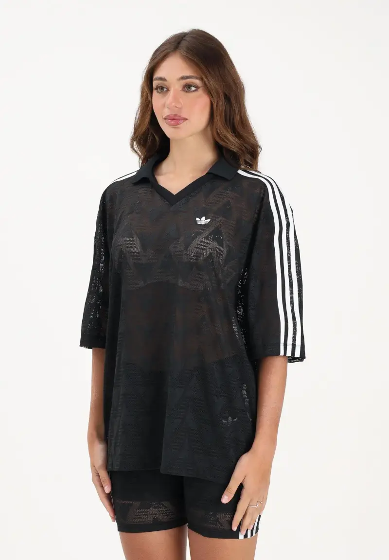 Polo a manica corta in pizzo nera da donna