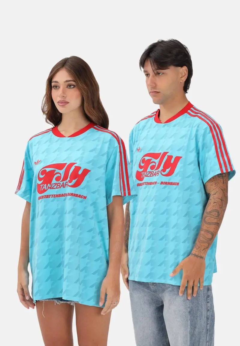 T-shirt a manica corta Football Allover azzurra e rossa per uomo e donna