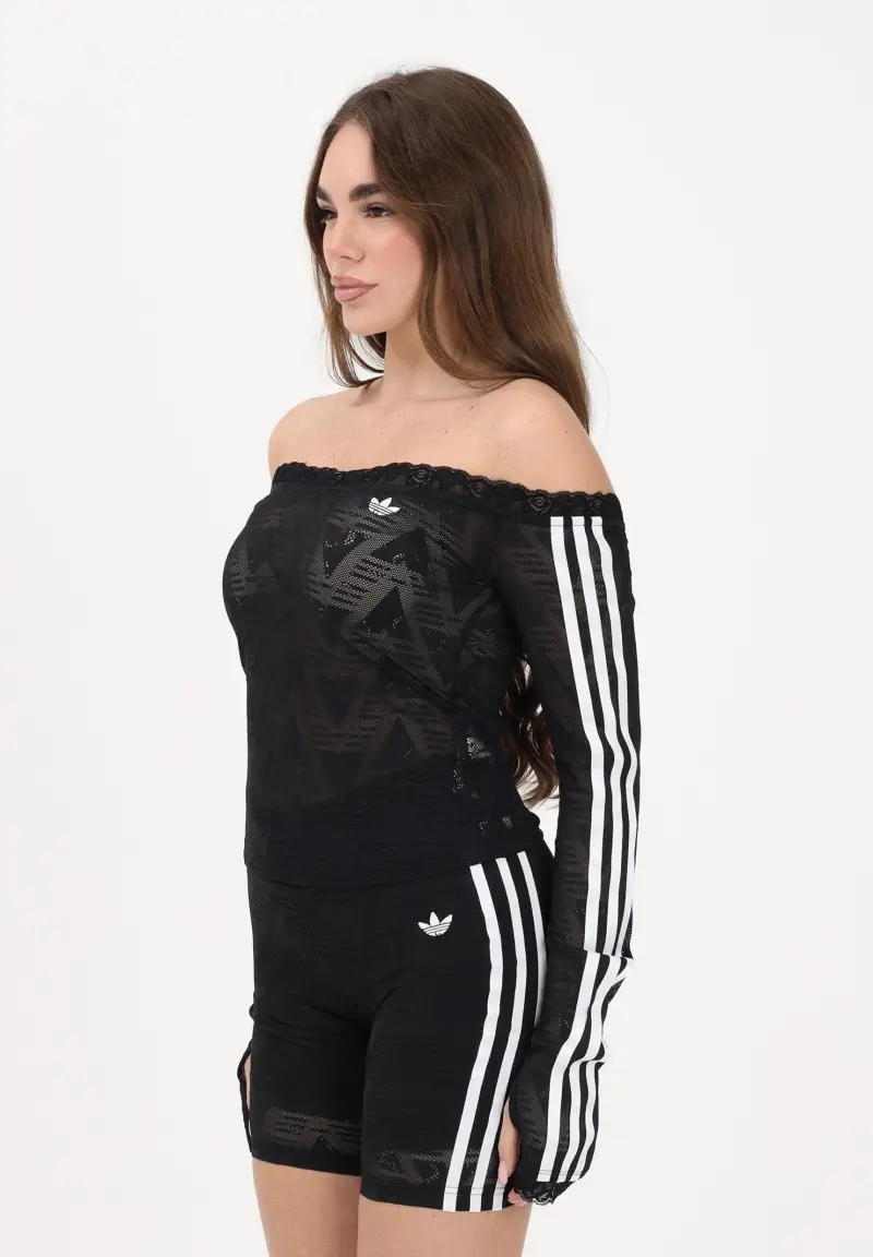 Top a manica lunga Lace Bardot nero da donna