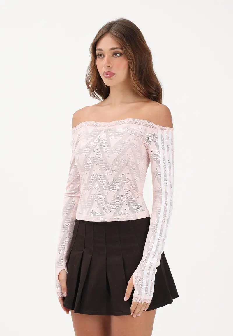 Top a manica lunga Lace Bardot rosa da donna