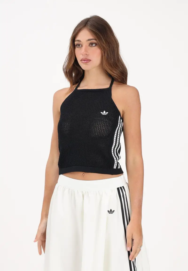 Top nero da donna in maglia uncinetto