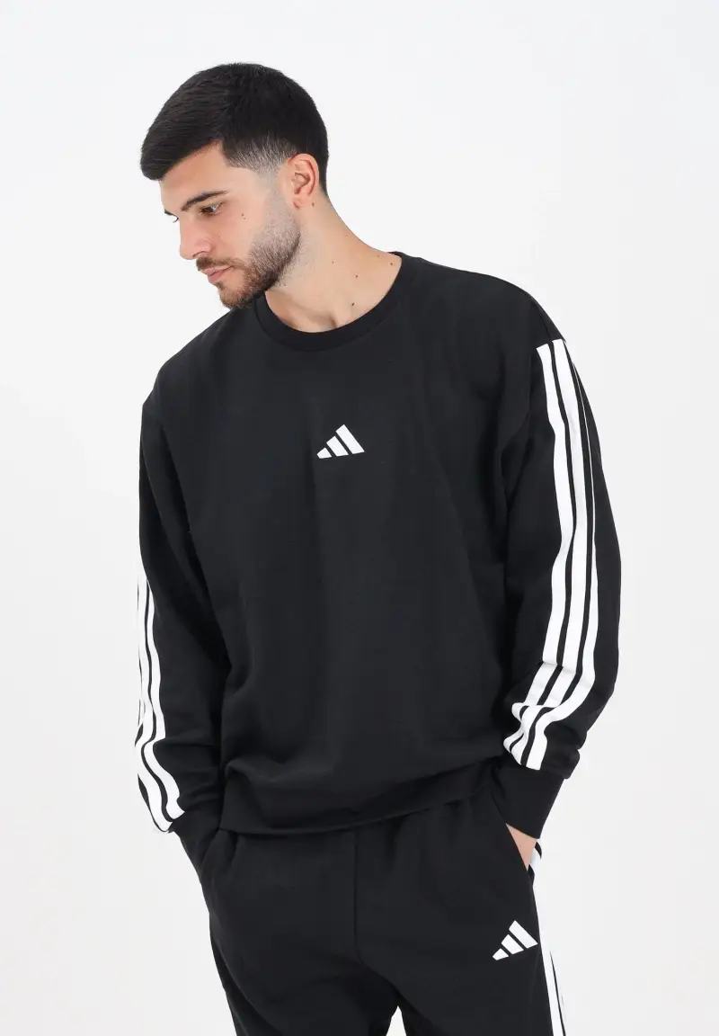 Felpa girocollo Essentials 3-Stripes Fleece nera da uomo miniatura 2