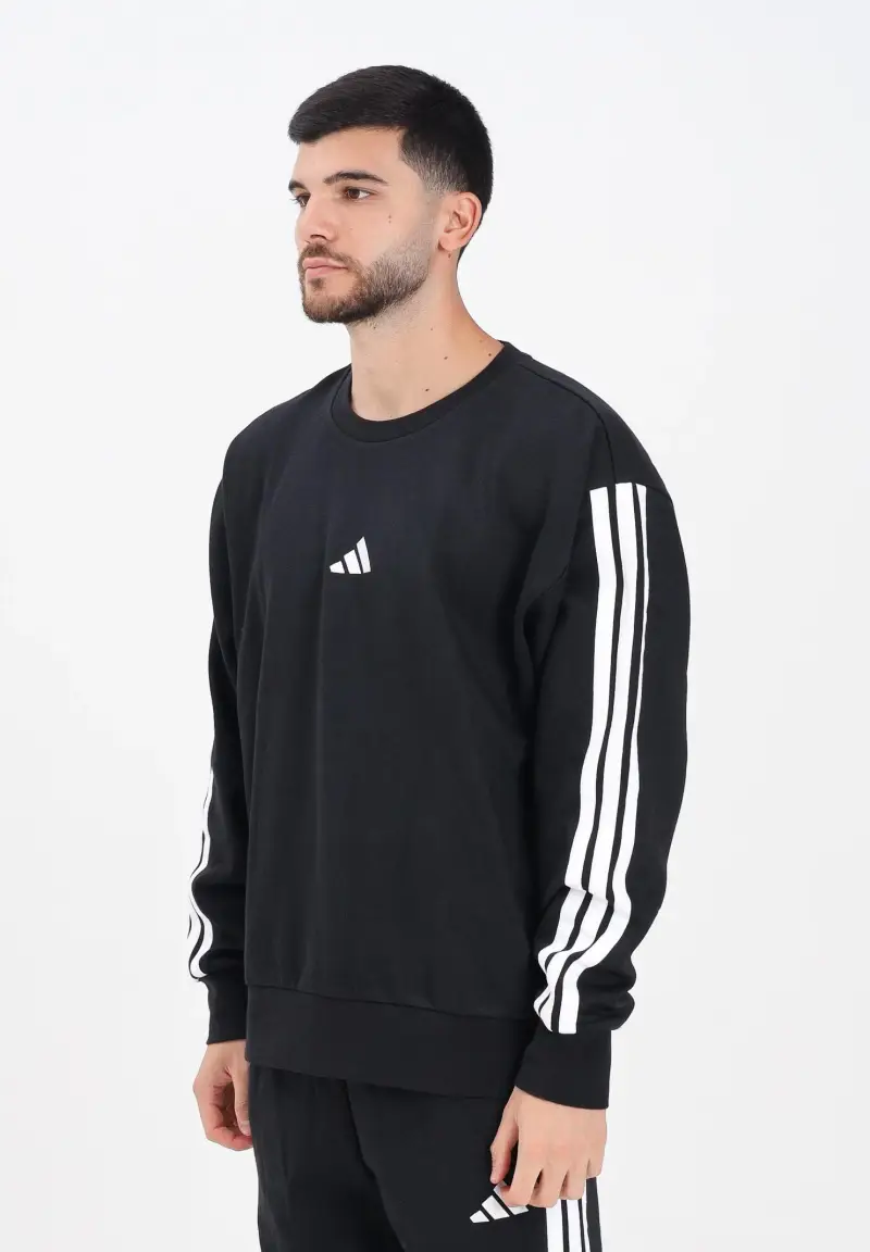 Felpa girocollo Essentials 3-Stripes Fleece nera da uomo