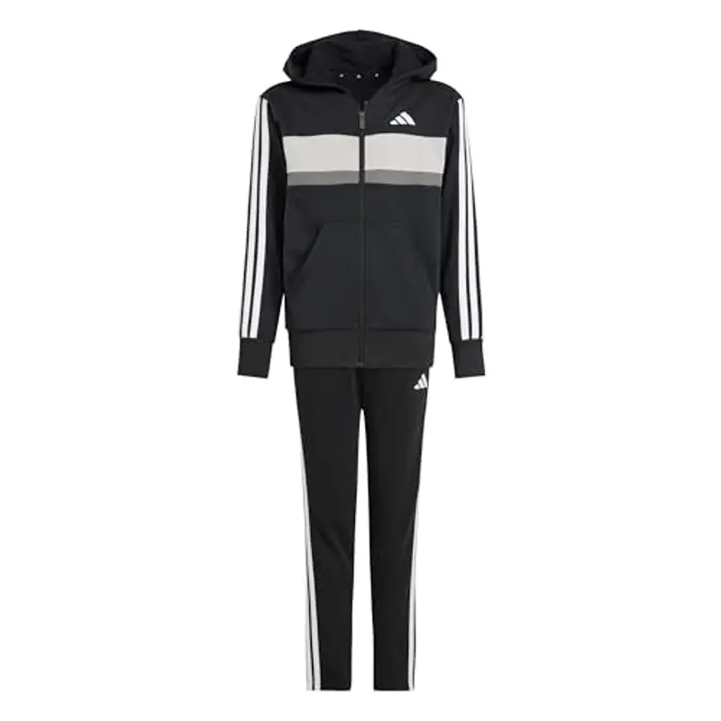 adidas Unisex - Bambini SEASONAL ESSENTIALS TIBERIO 3 STRIPES FLEECE TRACKSUIT, black/white/grey two, 15